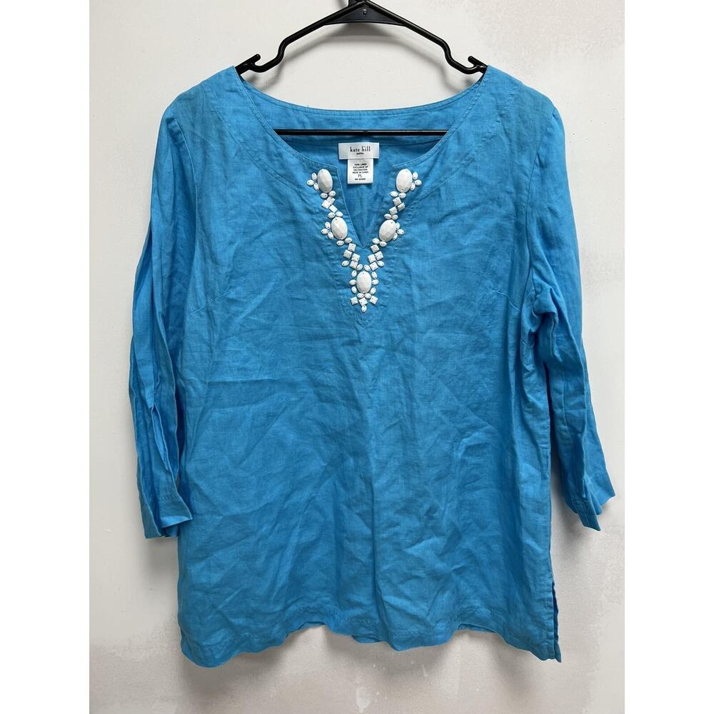 Kate Hill Women beaded 100% linen tunic Blue Size L A001404